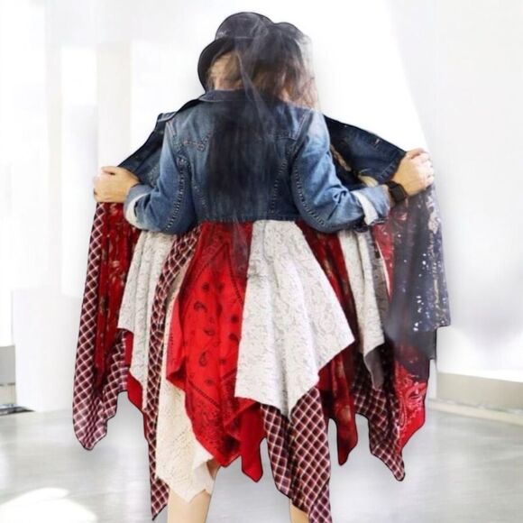 Boho Long Tiered Asymmetrical Hemline Long Colorful Lace Jean Jacket -NEW - Picture 1 of 4